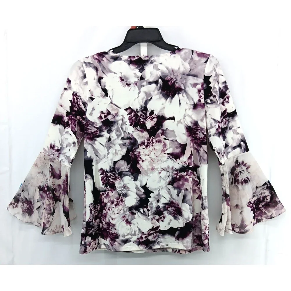 Calvin Klein Blouse Womens Large White Purple Floral Bell Sleeve Round Neck Top - Picture 3 of 6
